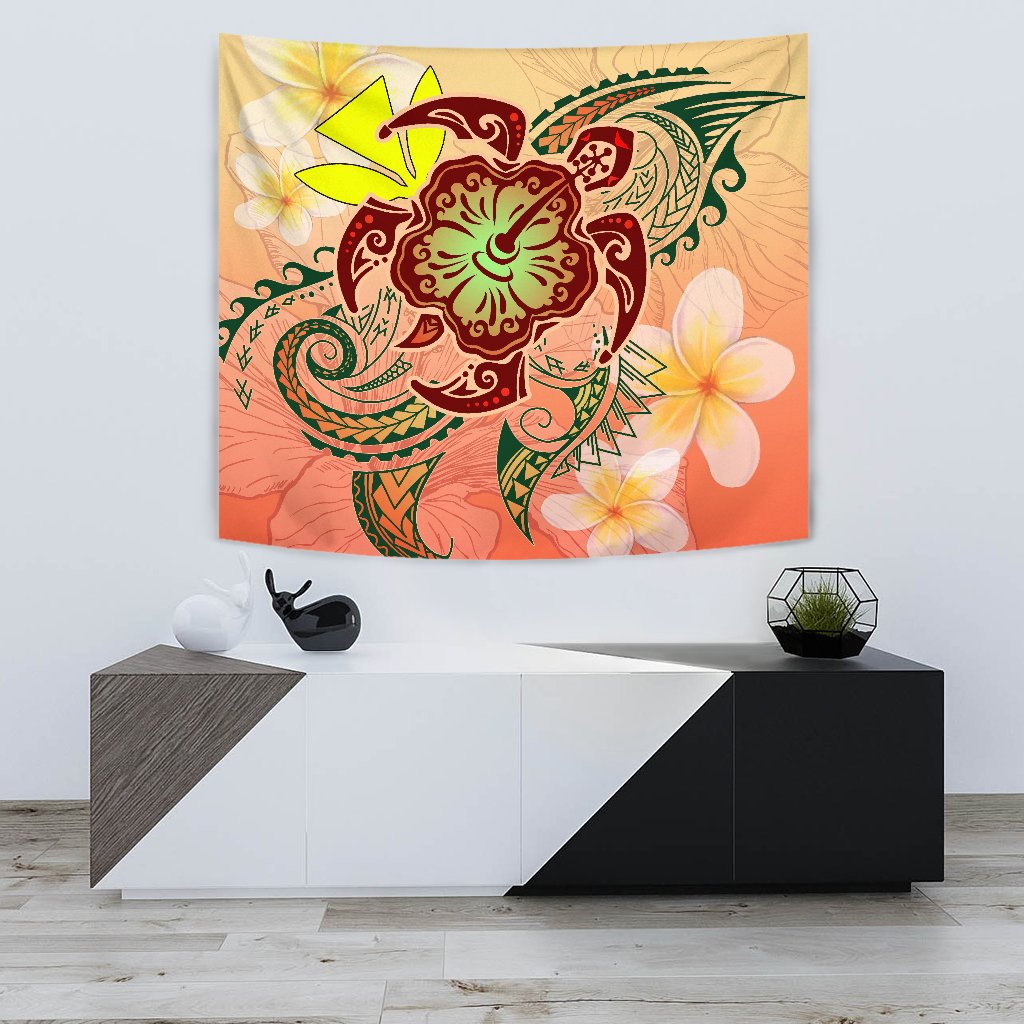 Hawaii Turtle Kanaka Plumeria Hibiscus Tapestry - Kity Style - AH Wall Tapestry 75cm*90cm Orange - Polynesian Pride