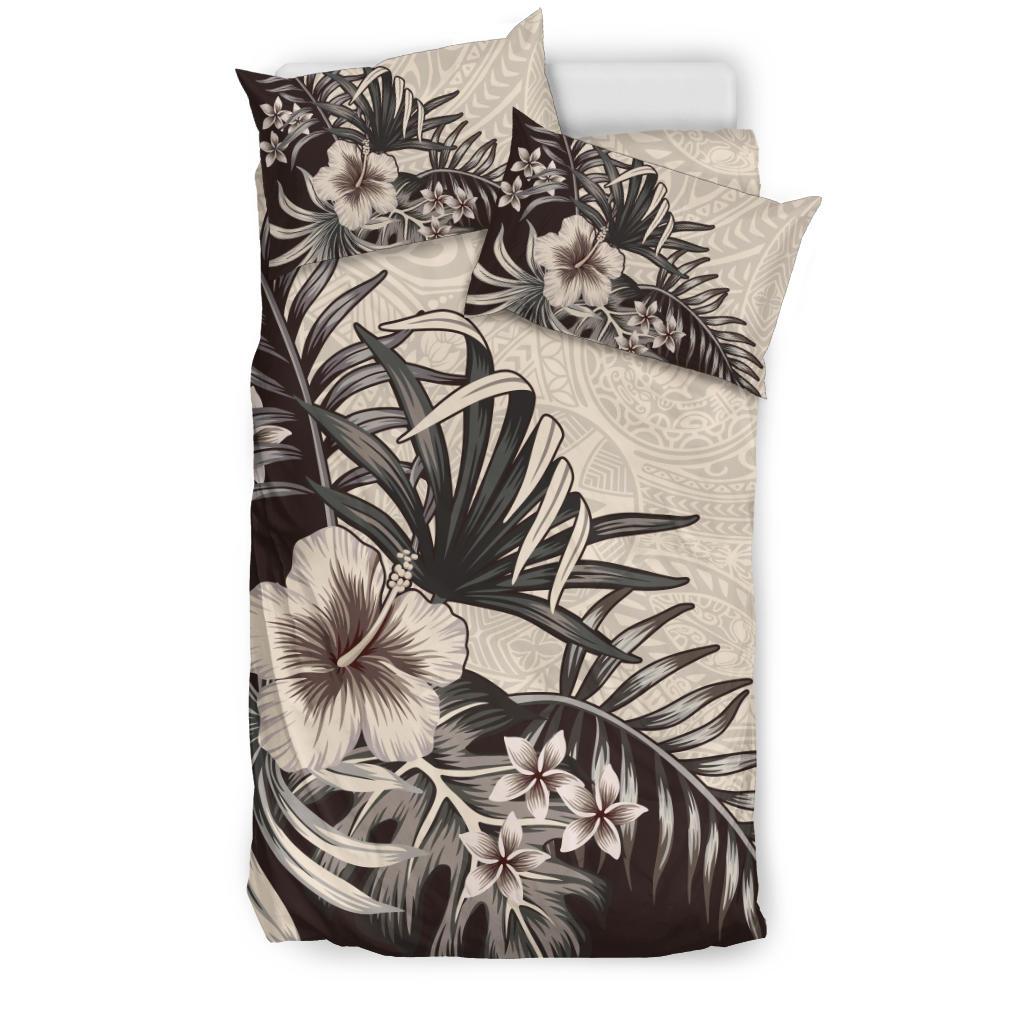 Hawaiian Duvet Cover Set - The Beige Hibiscus Plumeria Plam - Polynesian Pride