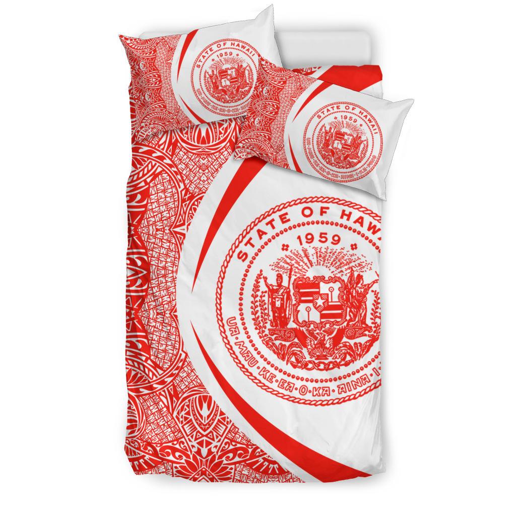 Hawaiian Map Coat Of Arms Polynesian Bedding Set - Circle Style Red And White - Polynesian Pride
