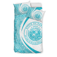 Hawaiian Map Coat Of Arms Polynesian Bedding Set - Circle Style Blue And White - Polynesian Pride