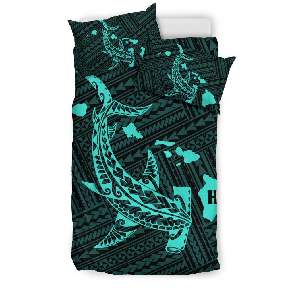 Hawaiian Map Hamerhead Shark Polynesian Turquoise Bedding Set - Polynesian Pride