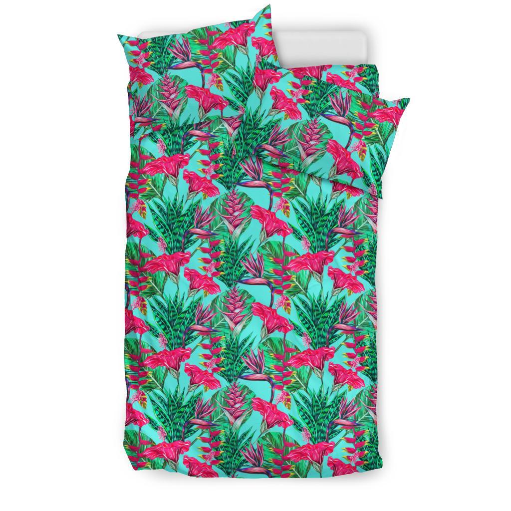 Hawaiian Tropical Strelitzia Heliconias Hibiscus Blue Background Polynesian Bedding Set - Polynesian Pride