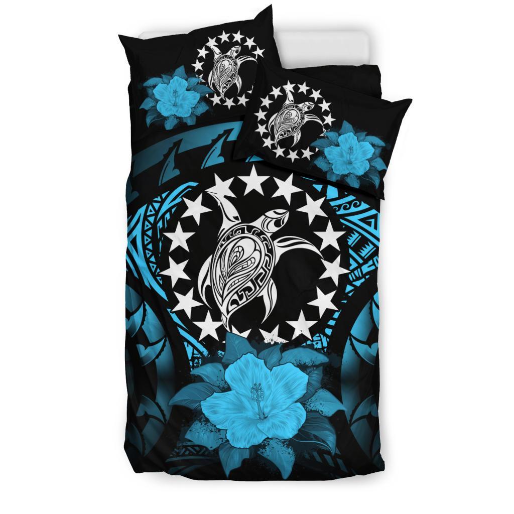 Cook Islands Duvet Cover Set - Cook Island Flag Turtle & Turquoise Hibiscus - Polynesian Pride