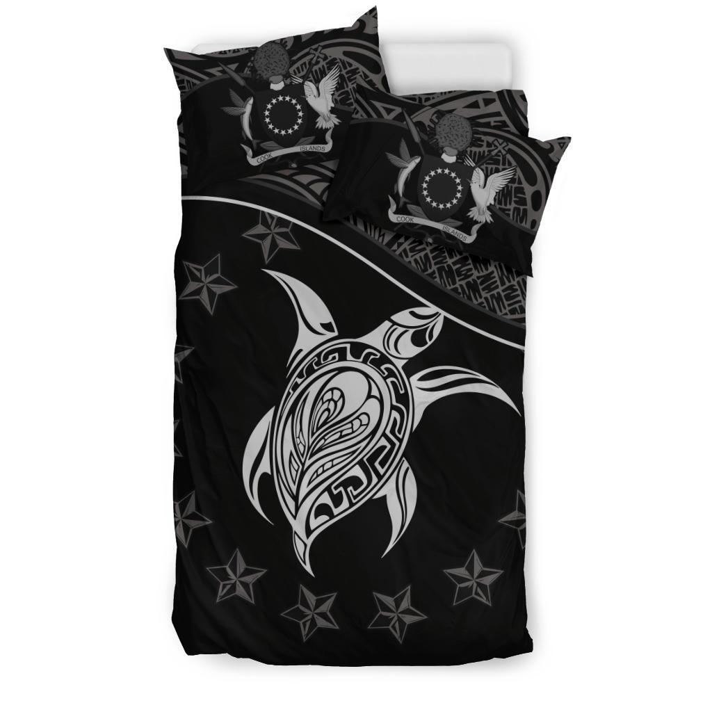 Cook Island Duvet Cover Set - Cook Island Flag & Turtle Tattoo Black - Polynesian Pride
