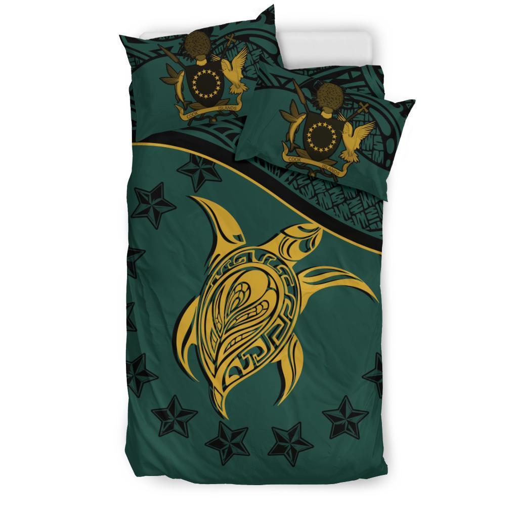 Cook Island Duvet Cover Set - Cook Island Flag & Turtle Tattoo Dark Green - Polynesian Pride