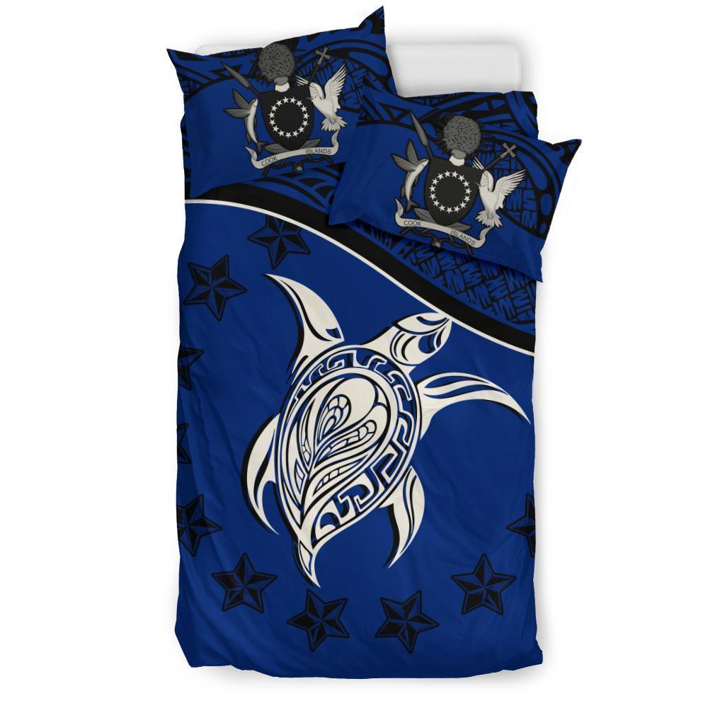 Cook Island Duvet Cover Set - Cook Island Flag & Turtle Tattoo Dark Blue - Polynesian Pride