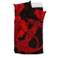 Hawaiian Anchor Poly Tribal Hibiscus Polynesian Bedding Set Red - Polynesian Pride