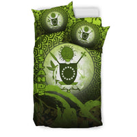 Cook Islands Duvet Cover Set - Cook Islands Coat Of Arms Wave and Hibiscus Green - Polynesian Pride