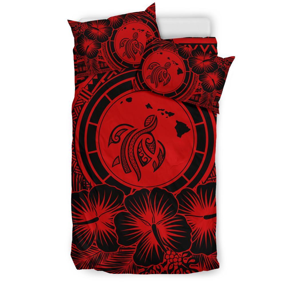 Hawaiian Map Honu Hibiscus Tropic Red Polynesian Bedding Set - Polynesian Pride