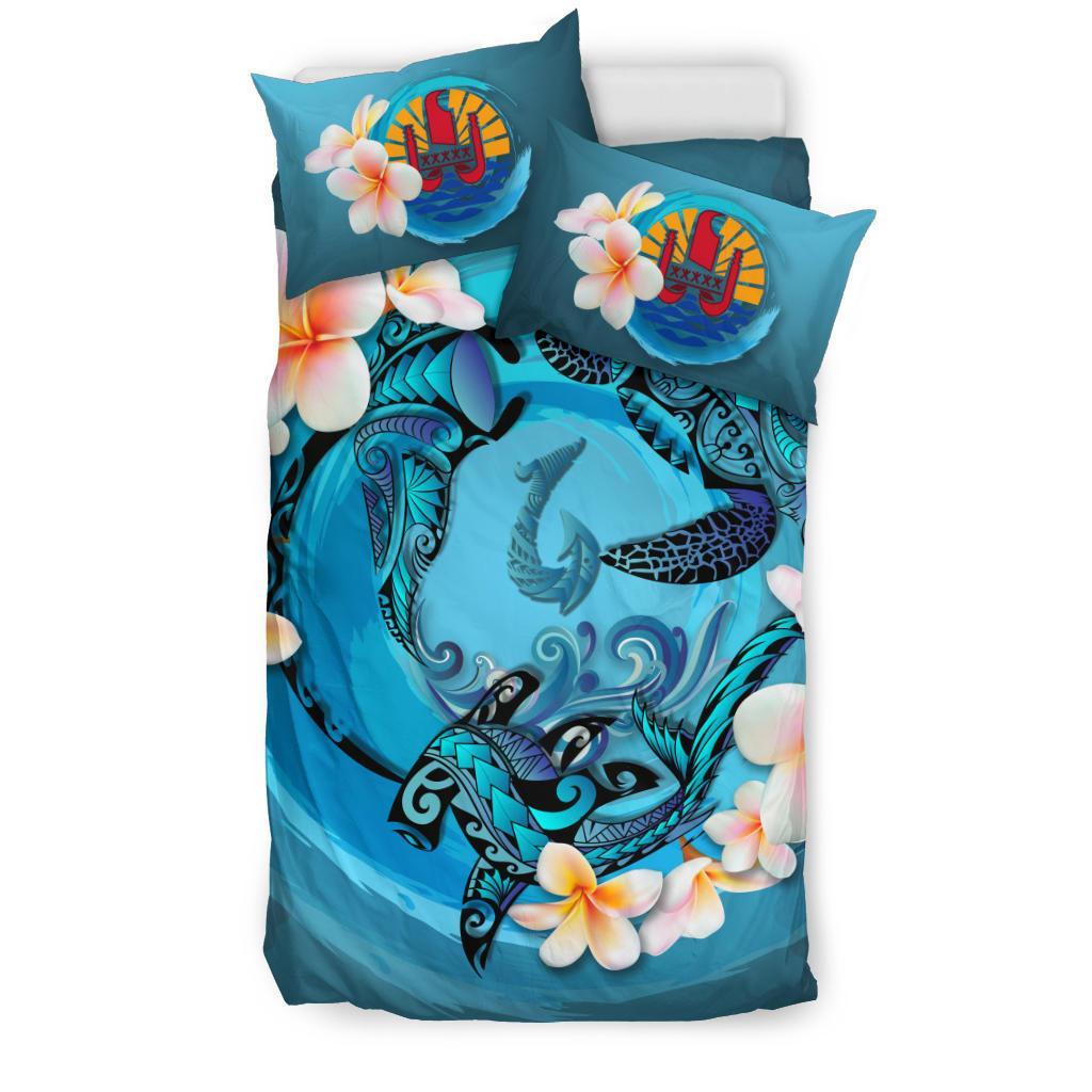 Polynesian Duvet Cover Set - Tahiti Bedding Set Blue Plumeria Animal Tattoo - Polynesian Pride