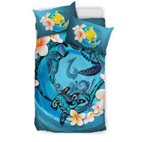 Polynesian Duvet Cover Set - Papua New Guinea Bedding Set Blue Plumeria Animal Tattoo - Polynesian Pride