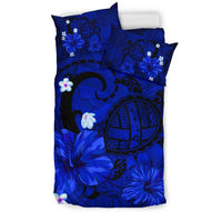 Hawaiian Map Big Turtle Hibiscus Plumeria Tribal Polynesian Bedding Set - Blue - Polynesian Pride