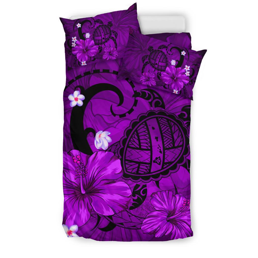 Hawaiian Map Big Turtle Hibiscus Plumeria Tribal Polynesian Bedding Set - Purple - Polynesian Pride