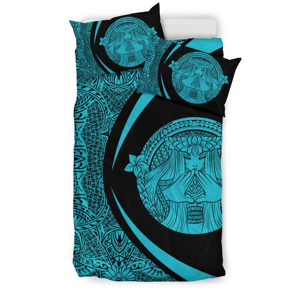 Hawaiian Madame Pele Plumeria Polynesian Bedding Set Circle Style Blue - Polynesian Pride