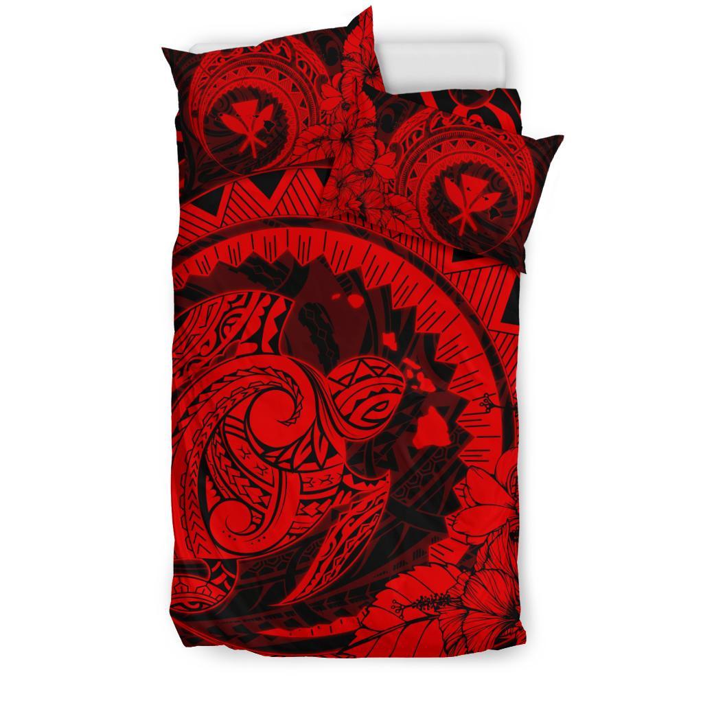 Hawaiian Map Kanaka Honu Hibiscus Red Globular Polynesian Bedding Set - Polynesian Pride