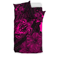 Hawaiian Map Sea Turtle Is Swimming Toward Polynesian Bedding Set Pink - Polynesian Pride
