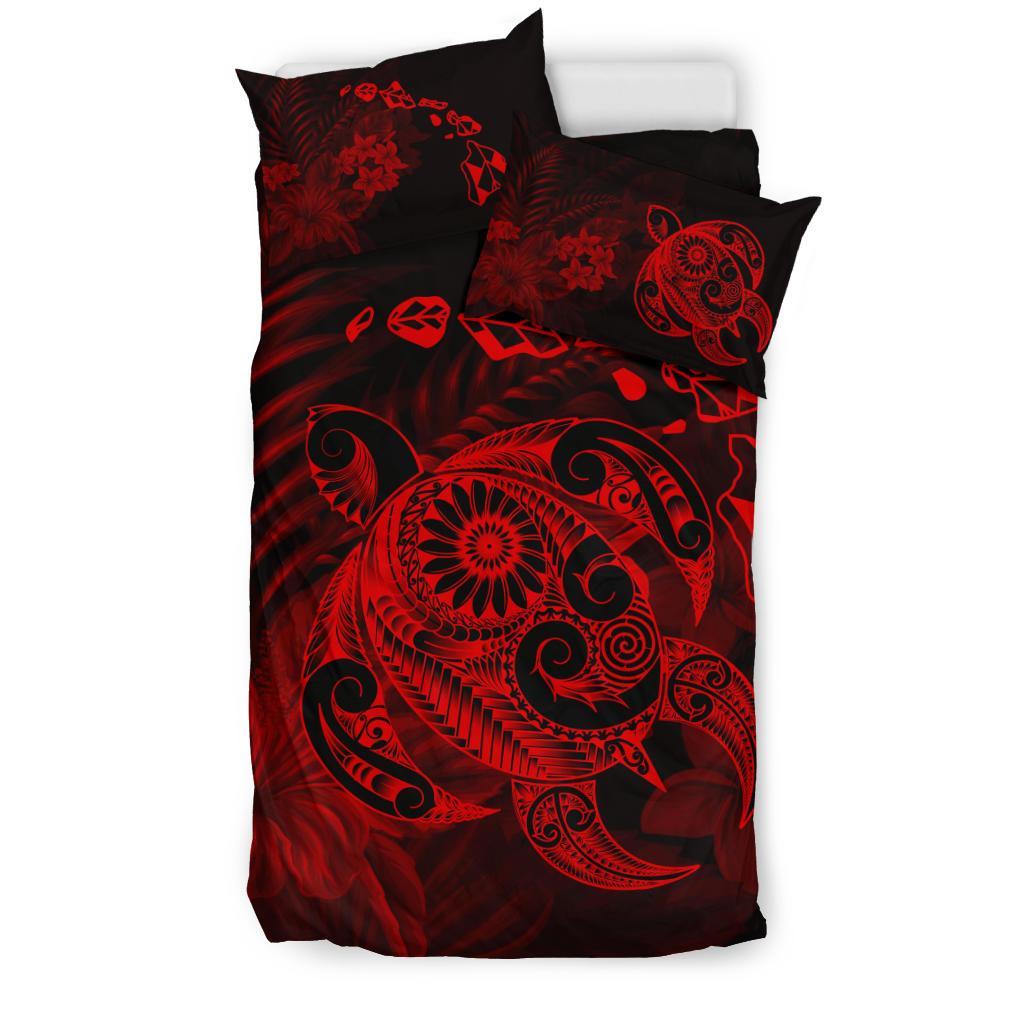 Hawaiian Map Turtle Tattoo Hibiscus Plumeria Polynesian Bedding Set - Red - Polynesian Pride