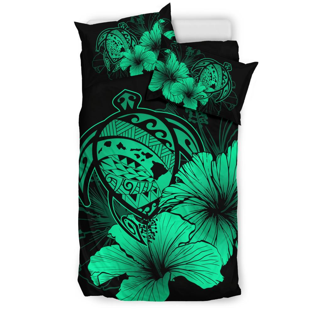 Hawaiian Map Hibiscus Turtle Polynesian Bedding Set - Pastel Green - Polynesian Pride