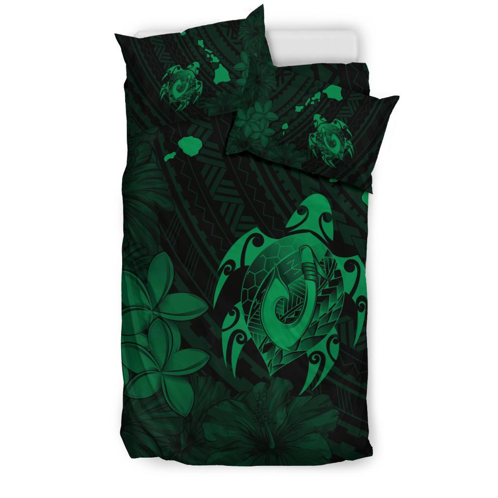 Hawaiian Map Turtle Plumeria Hibiscus Fish Hook Polynesian Bedding Set Green - Polynesian Pride