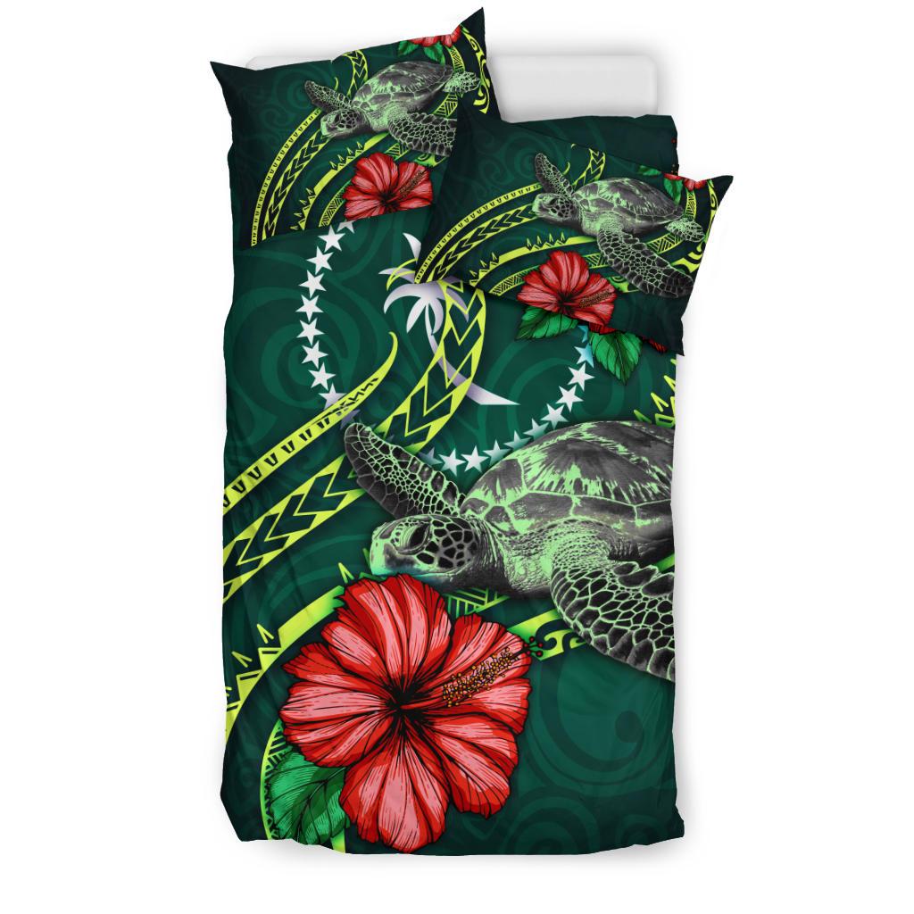 Polynesian Bedding Set - Chuuk Micronesia Duvet Cover Set Green Turtle Hibiscus - Polynesian Pride