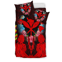 Hawaii Map Kanaka Two Men Holding Flag Bedding Set - AH - Red - Polynesian Pride
