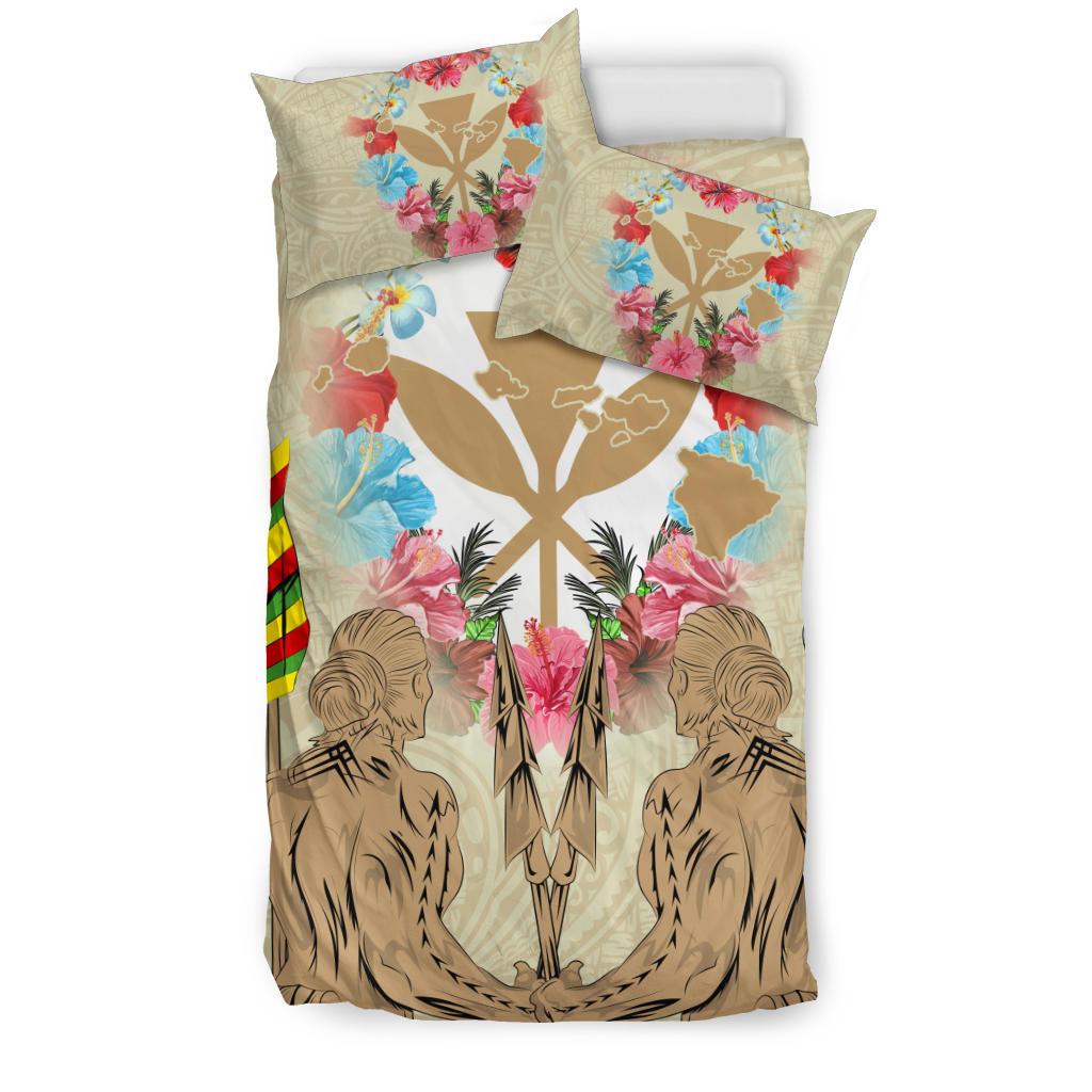 Hawaii Map Kanaka Two Men Holding Flag Bedding Set - AH - Beige Ver2 - Polynesian Pride