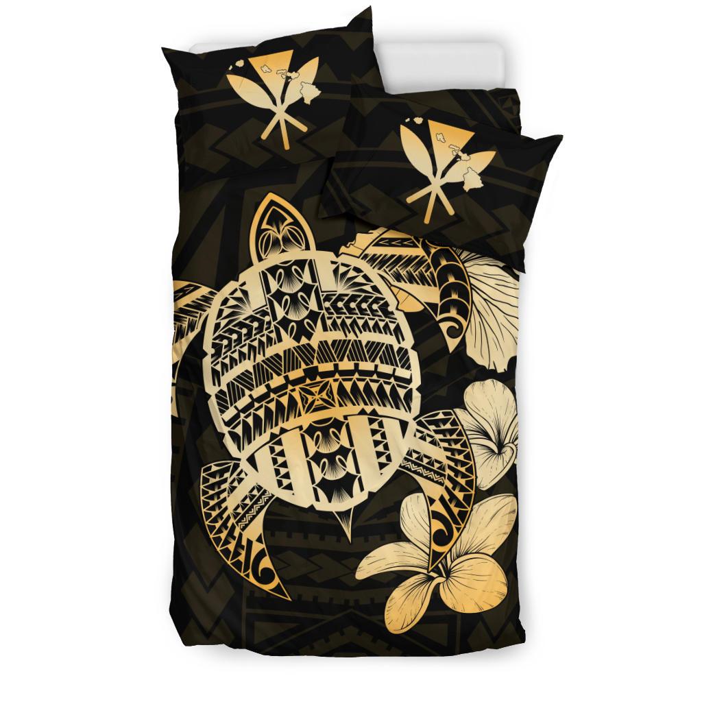 Hawaiian Kanaka Hibiscus Plumeria Mix Polynesian Turtle Bedding Set Gold AH - Polynesian Pride