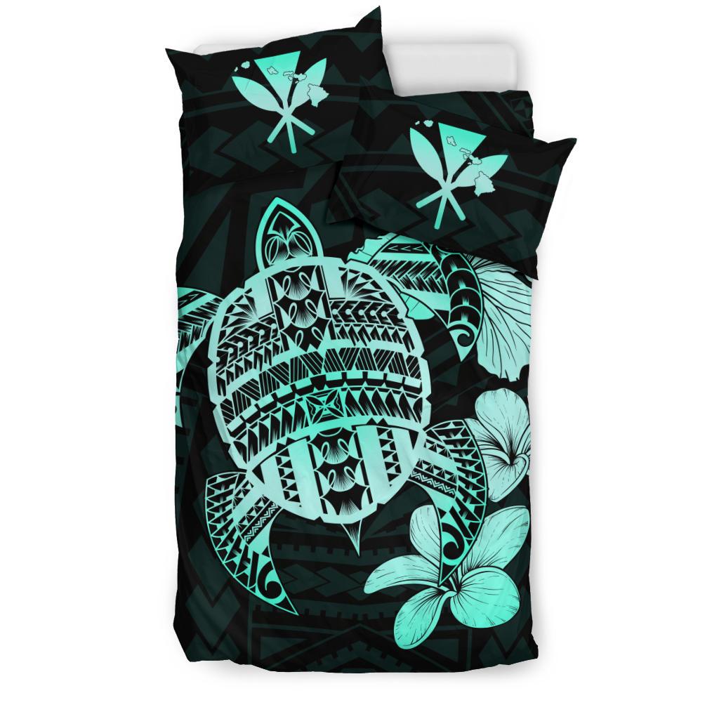 Hawaiian Kanaka Hibiscus Plumeria Mix Polynesian Turtle Bedding Set Turquoise AH - Polynesian Pride