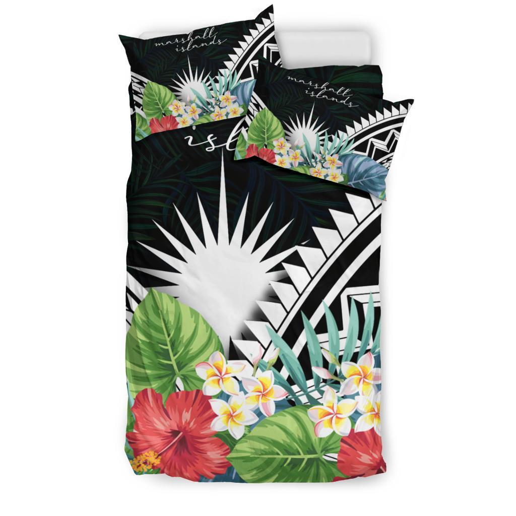 Marshall Islands Bedding Set - Marshall Islands Coat of Arms & Polynesian Tropical Flowers White - Polynesian Pride