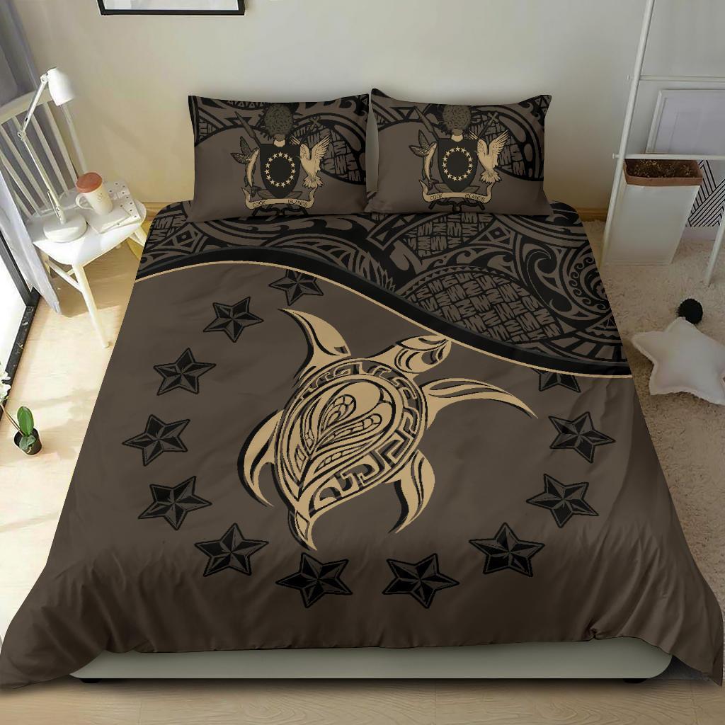 Cook Island Duvet Cover Set - Cook Island Flag & Turtle Tattoo Brown - Polynesian Pride