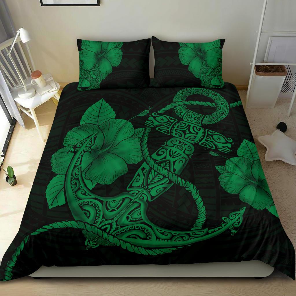 Hawaiian Anchor Poly Tribal Hibiscus Polynesian Bedding Set Green - Polynesian Pride