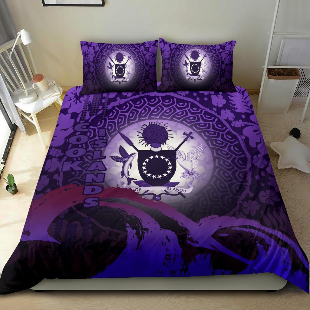 Cook Islands Duvet Cover Set - Cook Islands Coat Of Arms Wave and Hibiscus Purple - Polynesian Pride