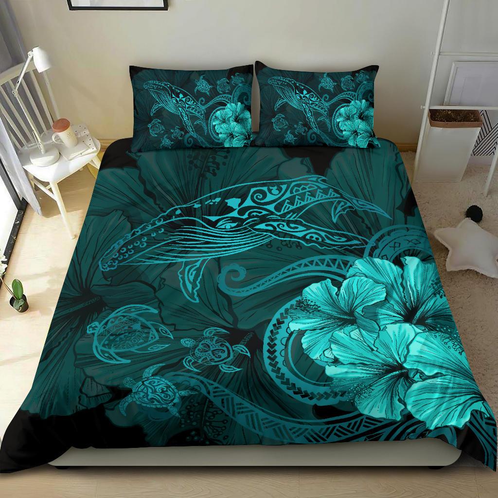 Hawaiian Hibiscus Whale Turtle Dance Polynesian Bedding Set - Turquoise - Polynesian Pride