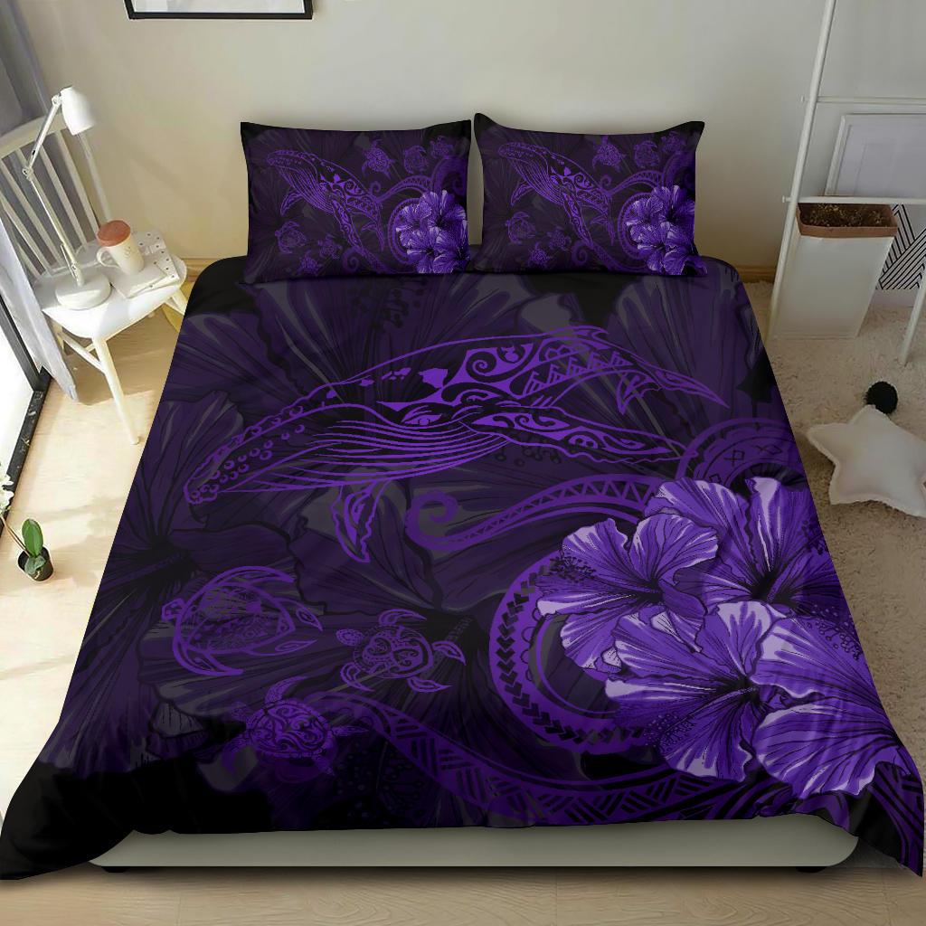Hawaiian Hibiscus Whale Turtle Dance Polynesian Bedding Set - Purple - Polynesian Pride