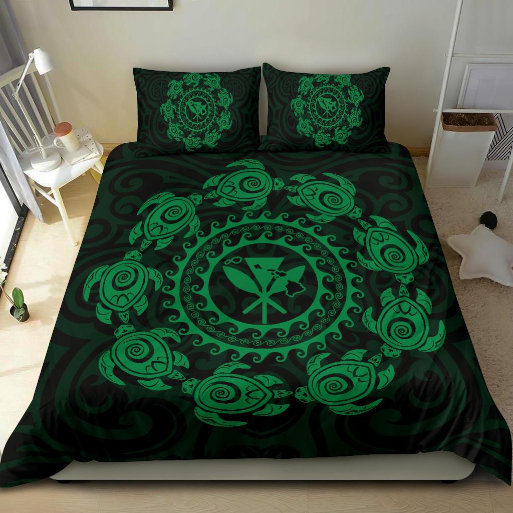 Hawaiian Map Kanaka Turtles Circle Style Green Polynesian Bedding Set - Polynesian Pride