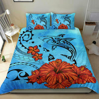 Hawaiian Map Kanaka Shark Hibiscus Plumeria Ocean Background Polynesian Bedding Set - Polynesian Pride