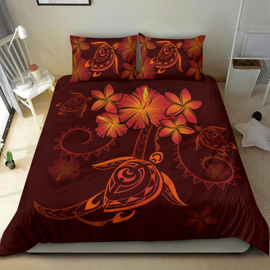 Hawaiian Turtles Hibiscus Plumeria Polynesian Bedding Set - Red - Polynesian Pride