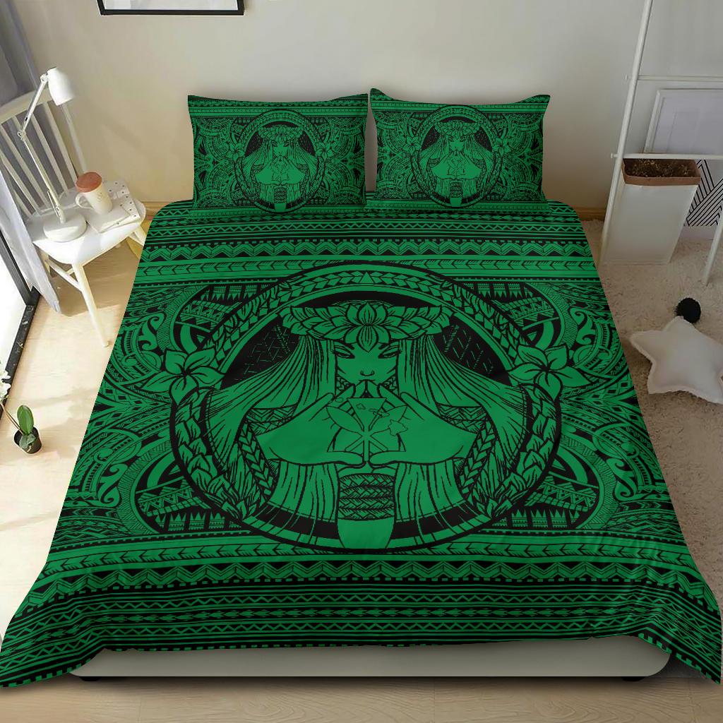 Hawaiian Map Madame Pele Kanaka Plumeria Polynesian Bedding Set Green - Polynesian Pride