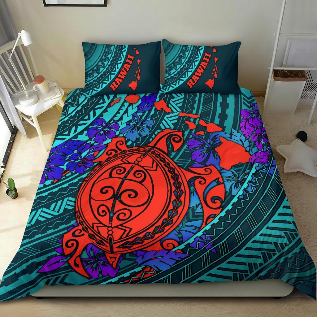 Polynesian Hawaii Duvet Cover Set - Red Polynesian Sea Turtle Blue - Polynesian Pride