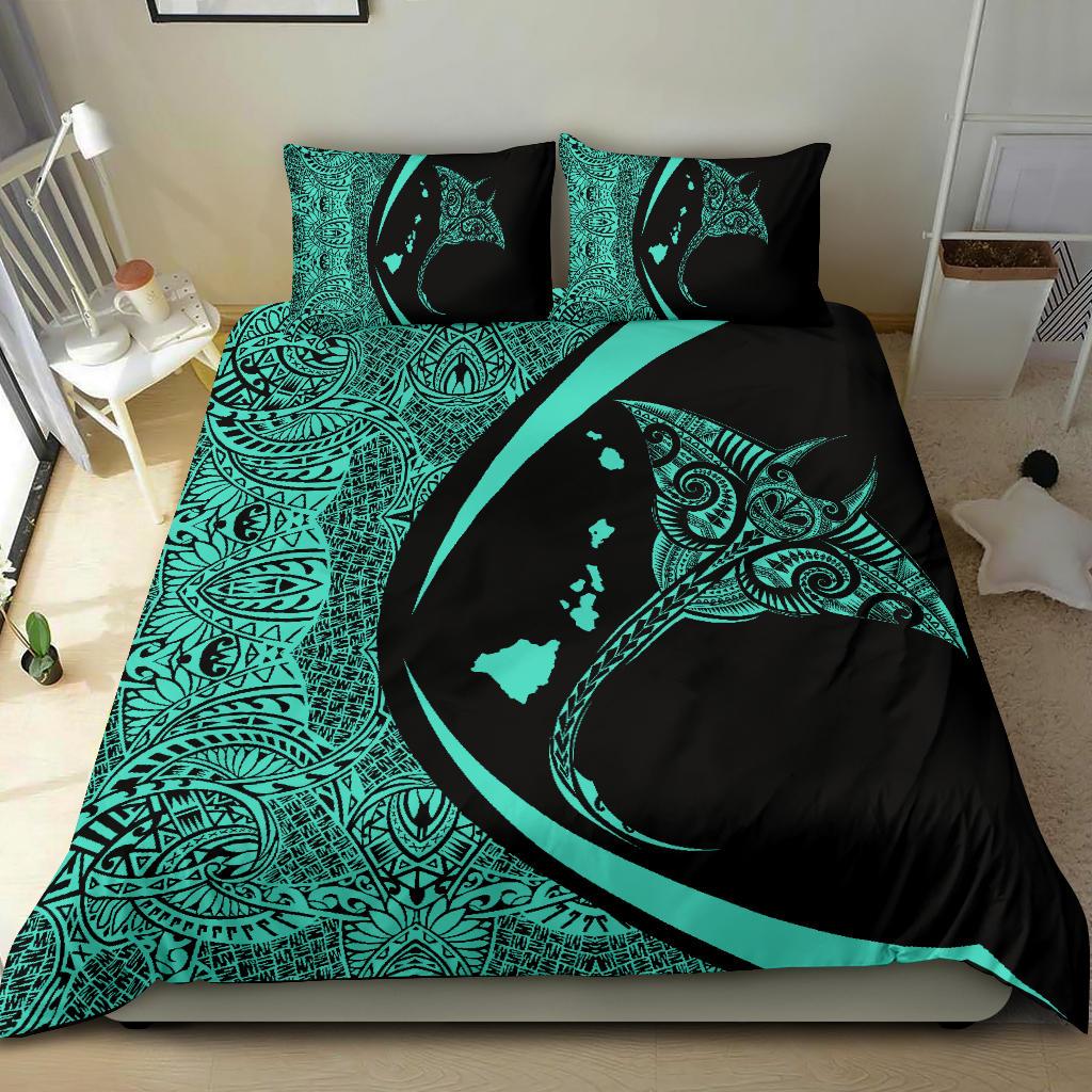 Hawaiian Map Manta Ray Polynesian Bedding Set - Turquoise - Circle Style - Polynesian Pride