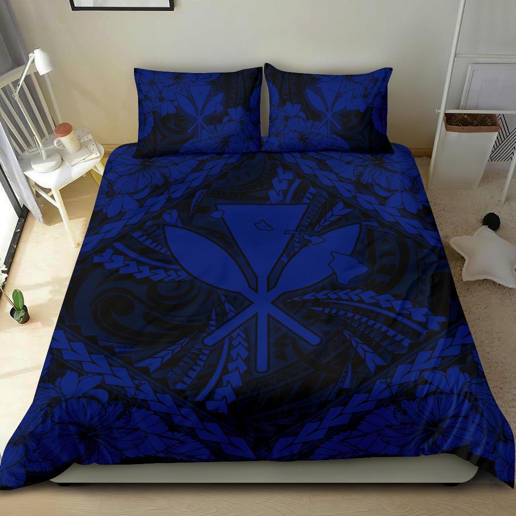 Hawaiian Map Kanaka Hibiscus Blue Polynesian Bedding Set - Polynesian Pride