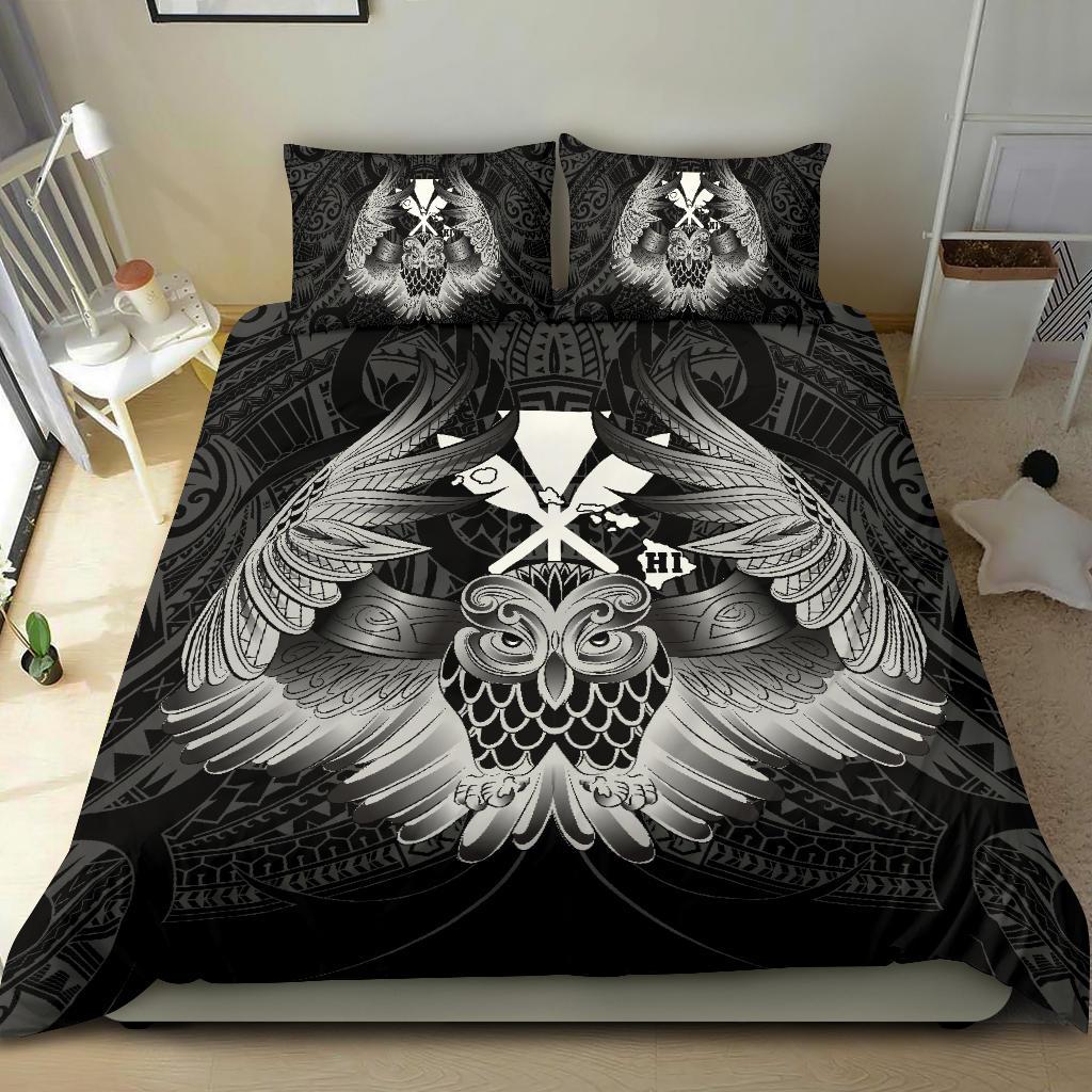 Hawaiian Map Owl Kanaka Bedding Set - Pueo Aumakua - White - Polynesian Pride