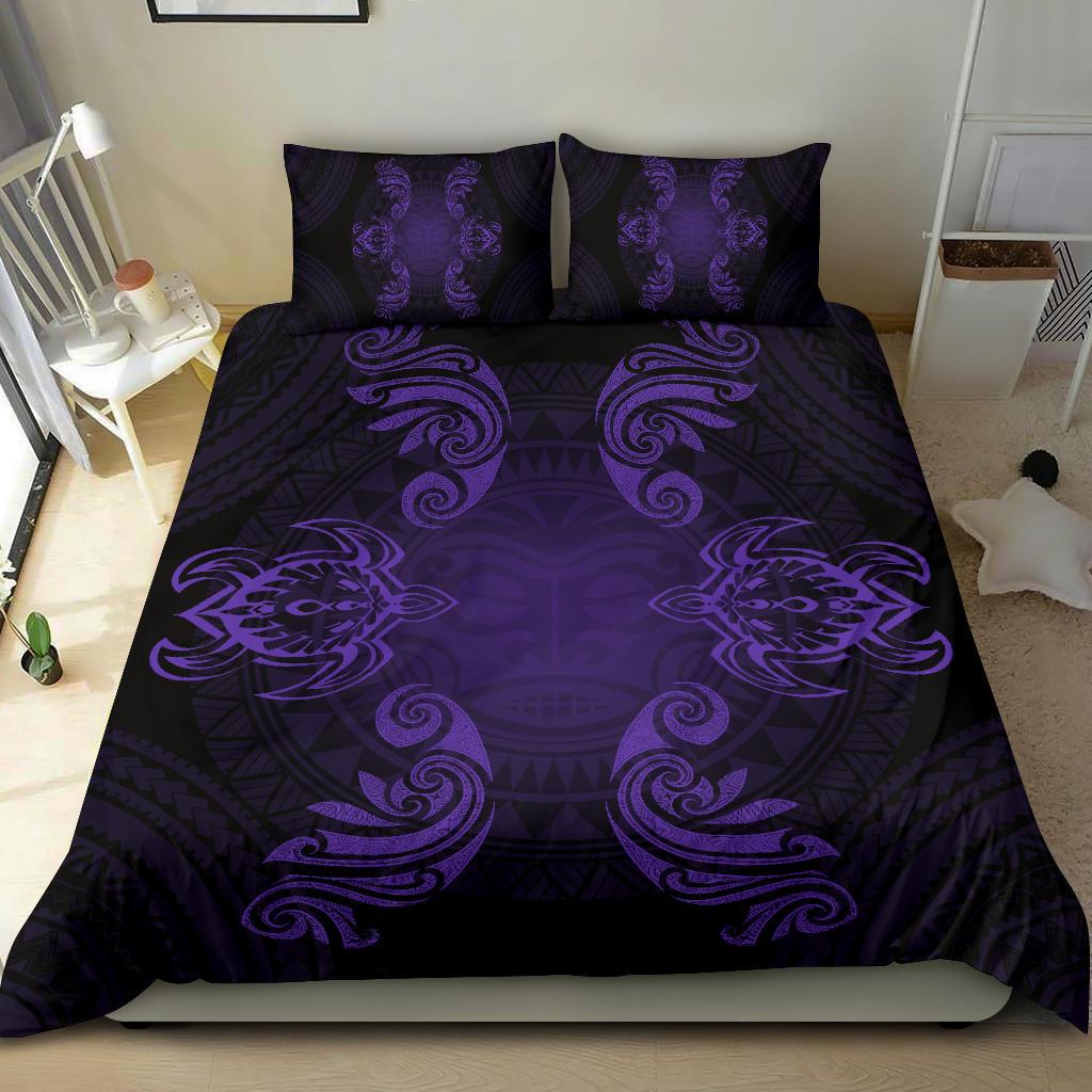 Hawaiian Turtles Tribal Mask Polynesian Bedding Set Purple - Polynesian Pride