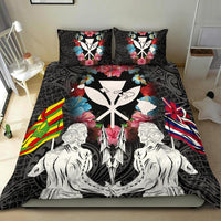 Hawaii Map Kanaka Two Men Holding Flag Bedding Set - AH - White - Polynesian Pride