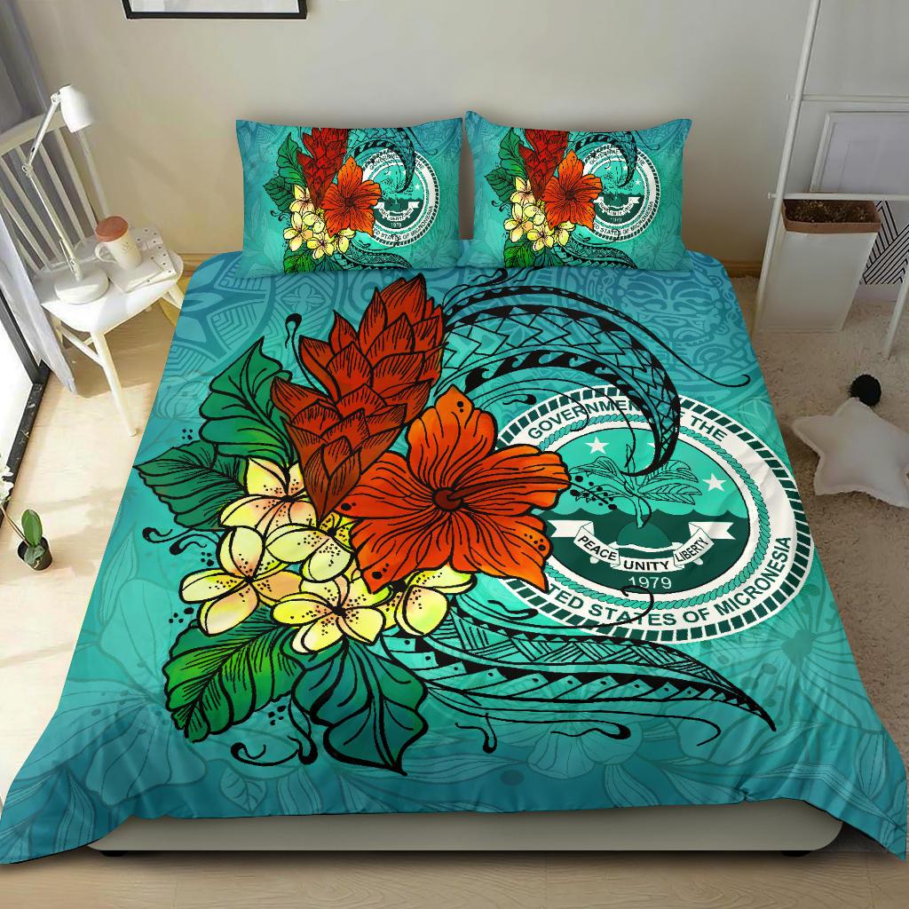 Federated States of Micronesia Bedding Set - Tropical Flowers Style Black - Polynesian Pride