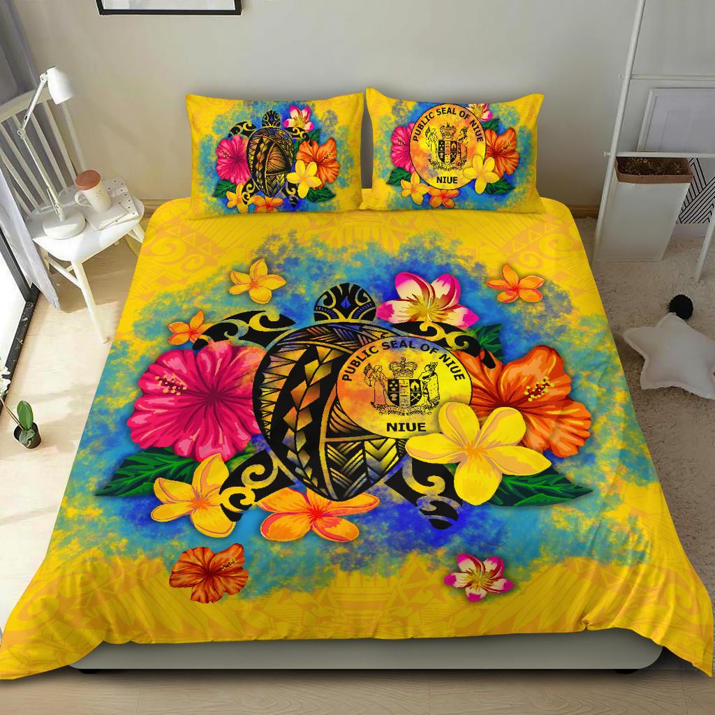Niue Polynesian Bedding Set - Turtle with Plumeria and Hibiscus Yellow - Polynesian Pride