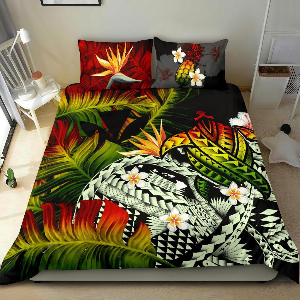 Kanaka Maoli (Hawaiian) Bedding Set, Polynesian Pineapple Banana Leaves Turtle Tattoo Reggae - Polynesian Pride