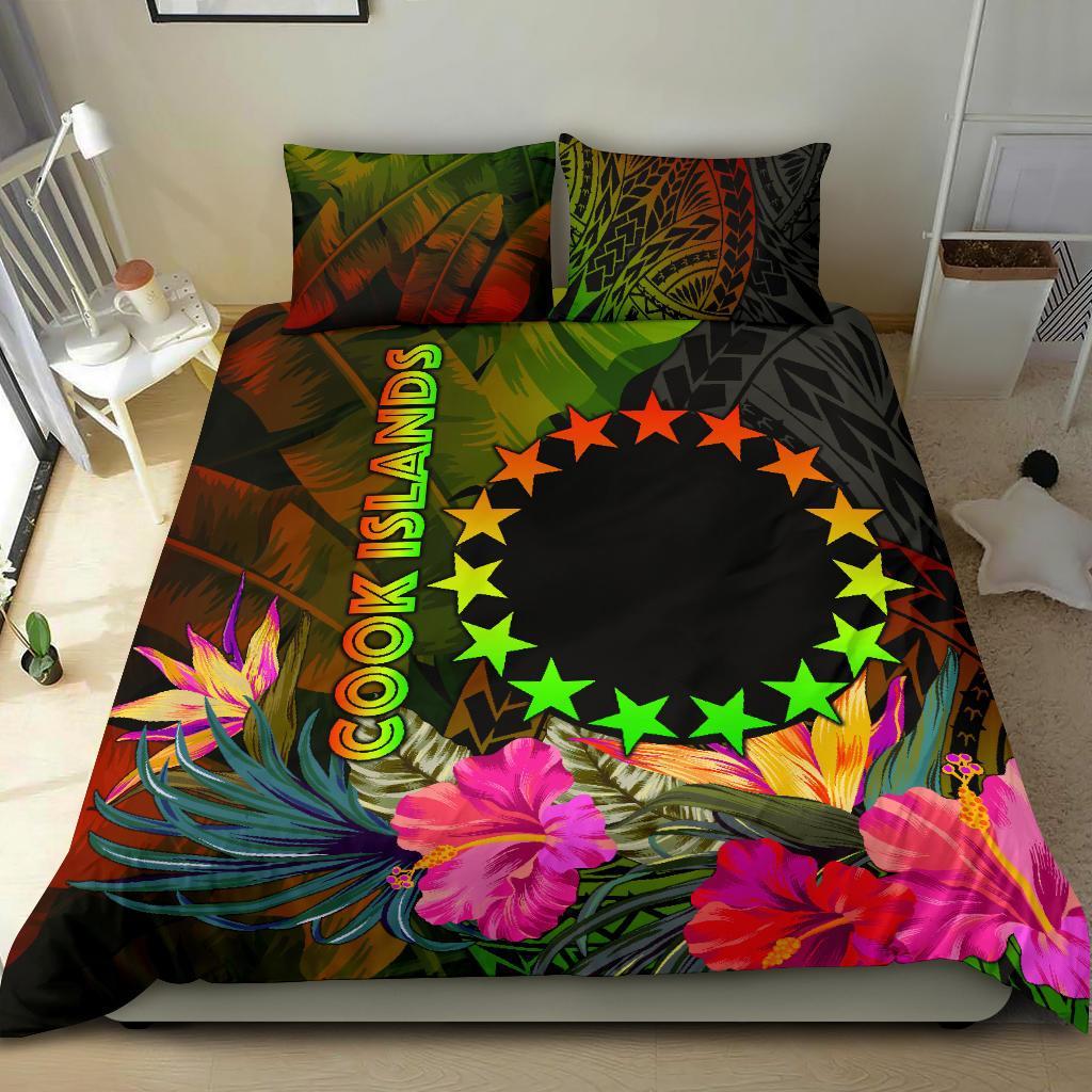 Cook Islands Polynesian Bedding Set - Hibiscus and Banana Leaves Reggae - Polynesian Pride