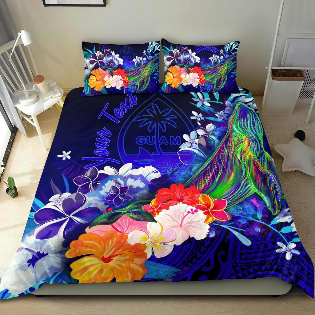 Guam Custom Personalised Bedding Set - Humpback Whale with Tropical Flowers (Blue) Blue - Polynesian Pride