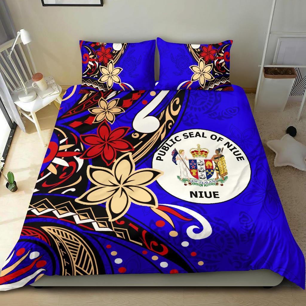 Niue Bedding Set - Tribal Flower With Special Turtles Blue Color Red - Polynesian Pride